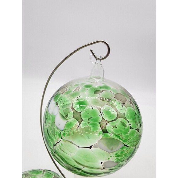 5.5" Pair Of Hand Blown Art Glass Witches Ball Christmas Ornament Green Orbs - Picture 2 of 5